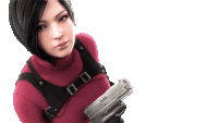 a woman in a red sweater is holding a silver gun