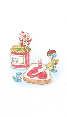 a jar of berry jelly sits next to a slice of bread