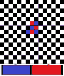 a black and white checkered background with a red and blue square in the middle