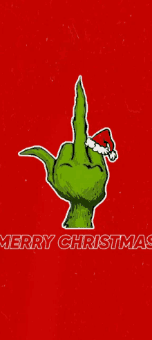 a green hand with a santa hat and the words merry christmas on the bottom