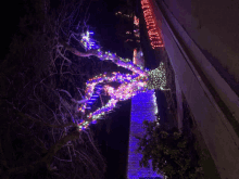 a tree is decorated with christmas lights and has a sign that says ' christmas ' on it