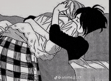 a black and white drawing of a man hugging a woman in a bed .