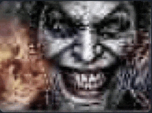 a close up of a pixelated image of a man 's face with a skull in the background .