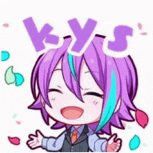 a cartoon of a girl with purple hair and blue streaks is smiling and holding her hands out .