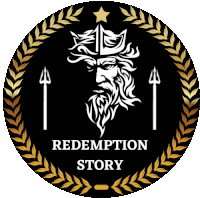 a logo for a company called redemption story has a man with a crown on his head