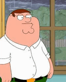 peter griffin from family guy is standing next to a window .