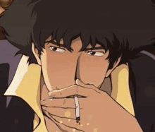 a close up of a man smoking a cigarette in a cowboy bebop anime .