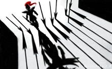 a black and white drawing of a shadow of a person with a red cape