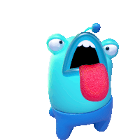 a blue cartoon character with its tongue out