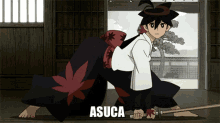 a cartoon character with the name asuca written on the bottom