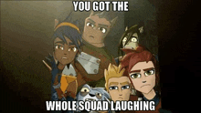 a group of cartoon characters are standing next to each other in a dark room and laughing .