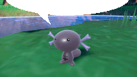 a purple axolotl is standing in the grass near a body of water