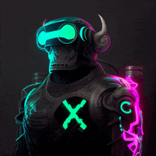 a futuristic robot with horns and a neon x on his chest