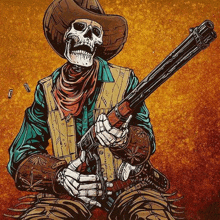 a skeleton wearing a cowboy hat is holding a gun .