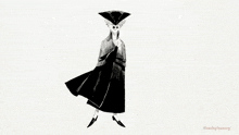 a black and white drawing of a man in a top hat and a red cape