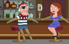 a cartoon of a man dressed as a pirate sitting next to a woman in a blue dress