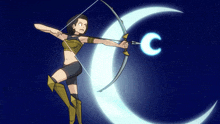 a cartoon of a woman holding a bow and arrow with the letter c in the background