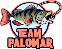 a logo for team palomar shows a fish with a hook