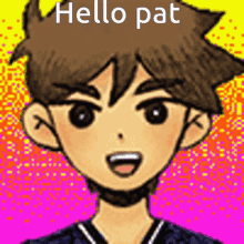 a pixel art drawing of a boy with the words hello pat above his head .