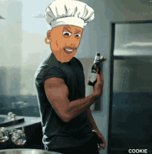 a man in a chef 's hat holds a bottle of beer