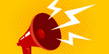 a red megaphone with white lightning bolts coming out of it on a yellow background