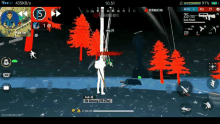 a screenshot of a video game shows a man holding a stick in front of red trees