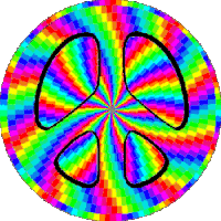 a colorful peace sign with a black outline on a checkered background