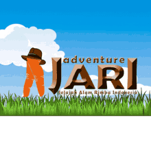 a cartoon illustration of a carrot wearing a hat with the words adventure jari below it