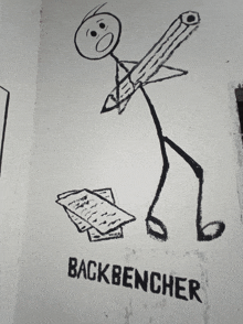 a black and white drawing of a stick figure holding a pencil and the words backbencher below it