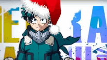 a cartoon character wearing a santa hat is standing in front of a colorful background .