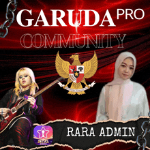 a poster for garuda pro community shows a woman playing a guitar and another woman wearing a hijab