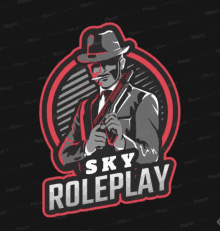 a logo for sky roleplay with a man in a suit and hat holding a gun