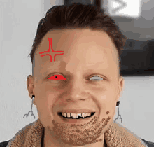 a man with a red eye and a cross on his forehead is smiling