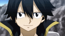 a close up of a black haired anime character