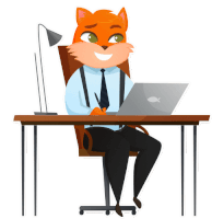 a cartoon illustration of a fox sitting at a desk with a laptop