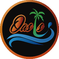 a logo for oasis with a palm tree and a wave