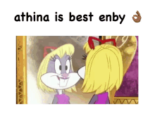 a cartoon of a girl looking at herself in a mirror with the words athina is best enby below it