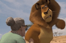 an elderly woman is standing next to a cartoon lion in a field .