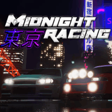 a poster for midnight racing shows cars driving down a city street at night