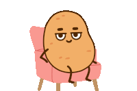 a cartoon potato sits on a pink chair with a sad look on his face