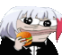 a cartoon girl is eating a hamburger with a funny face .