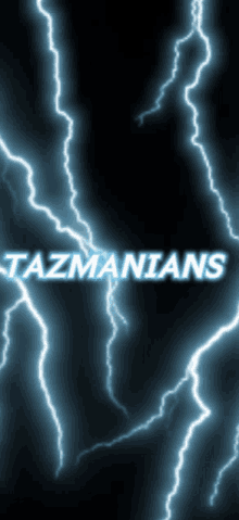 tasmanian lightning strikes against a black background with the text tasmanians