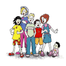 a group of children standing next to each other and a baby sitting on the floor .