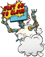 an illustration of a robot holding a sign that says just go to clouds