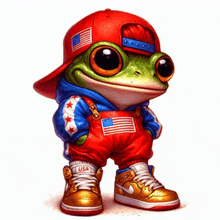 a frog wearing a hat and overalls with the word usa on his shoes