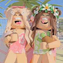 a girl in a pink swimsuit is drinking from a coconut while another girl holds a turtle