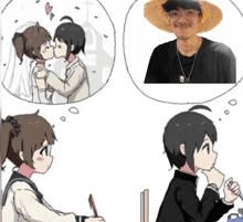 a man wearing a straw hat is thinking about a woman kissing him