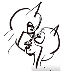 a black and white drawing of a man and woman kissing .