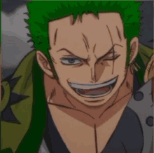 a close up of a cartoon character with green hair and a smile on his face