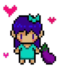 a pixel art of a girl holding an eggplant